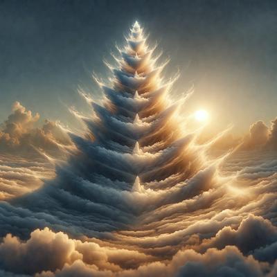 The primary subject of the image is a large, tall, and curvy tree with a sun shining on it. The tree is surrounded by clouds, giving the scene a dreamy and serene atmosphere. The visual style of the image is a combination of digital art and illustration, creating a surreal and imaginative scene. The colors in the image are predominantly shades of white, gray, and yellow, which contribute to the overall mood of the picture.
